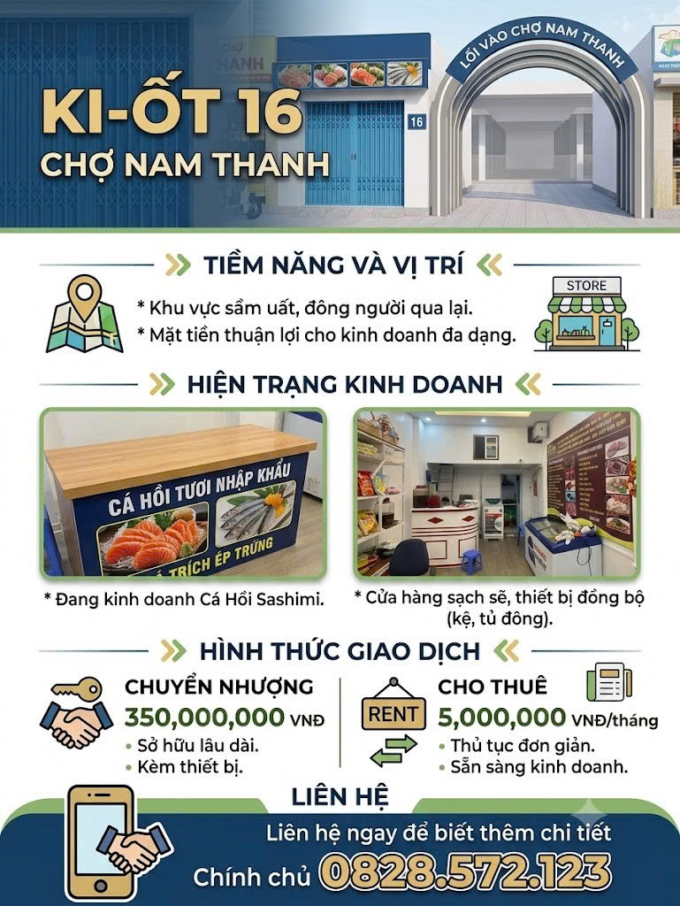 Do kế hoạch đi nước ngoài, tôi cần nhượng lại hoặc cho thuê gấp Ki-ốt vị trí đẹp Ki-ốt 16, Chợ Nam Thành, P. Hạc Thành,