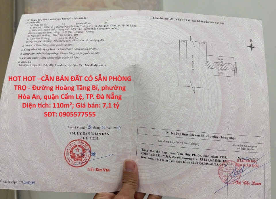 HOT HOT –CẦN BÁN ĐẤT CÓ SẴN PHÒNG TRỌ - Đường Hoàng Tăng Bí, phường Hòa An, quận Cẩm Lệ, TP. Đà Nẵng