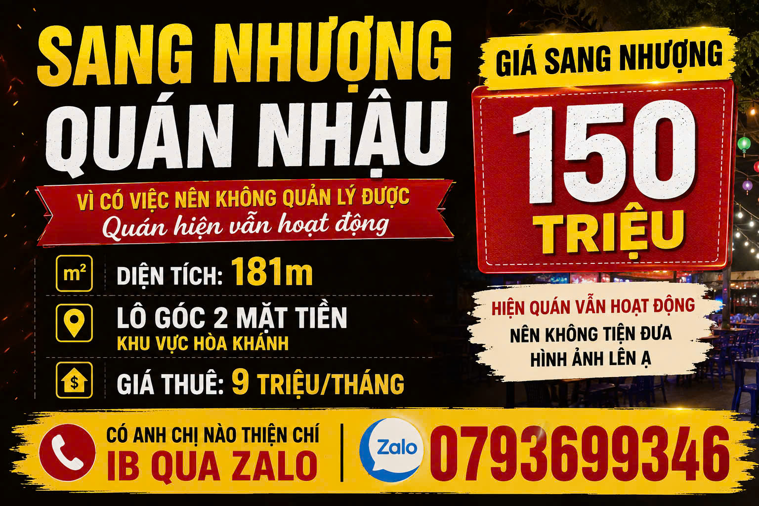 SANG NHƯỢNG QUÁN NHẬU – LÔ GÓC 2 MẶT TIỀN KHU VỰC HÒA KHÁNH ĐÀ NẴNG thuận tiện kinh doanh.
